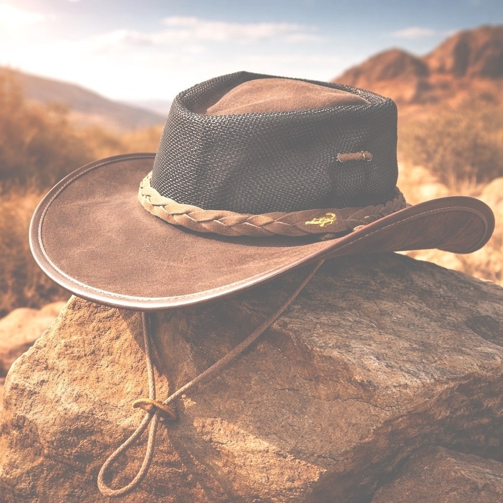 Cairns Hatters Leather Outback Hat Brown Mesh‎ Crown Safari Large Gold Crocodile